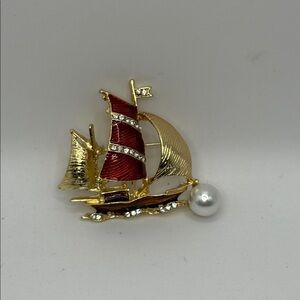3/$25 Gold Tone and Red Sailboat Brooch with Rhinestone and Faux Pearl Accent